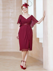 Flutter Sleeves V-neck Sequins Applique Decor Dress Burgundy