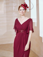 Flutter Sleeves V-neck Sequins Applique Decor Dress Burgundy