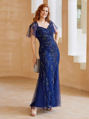 Flutter Sleeves Sweetheart Beaded Sheath Dress with Back Slit Navy Blue