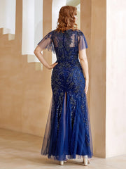 Flutter Sleeves Sweetheart Beaded Sheath Dress with Back Slit Navy Blue