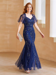 Flutter Sleeves Sweetheart Beaded Sheath Dress with Back Slit Navy Blue