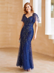 Flutter Sleeves Sweetheart Beaded Sheath Dress with Back Slit Navy Blue