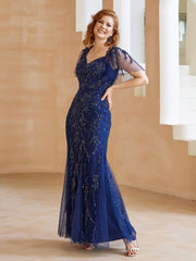 Flutter Sleeves Sweetheart Beaded Sheath Dress with Back Slit Navy Blue