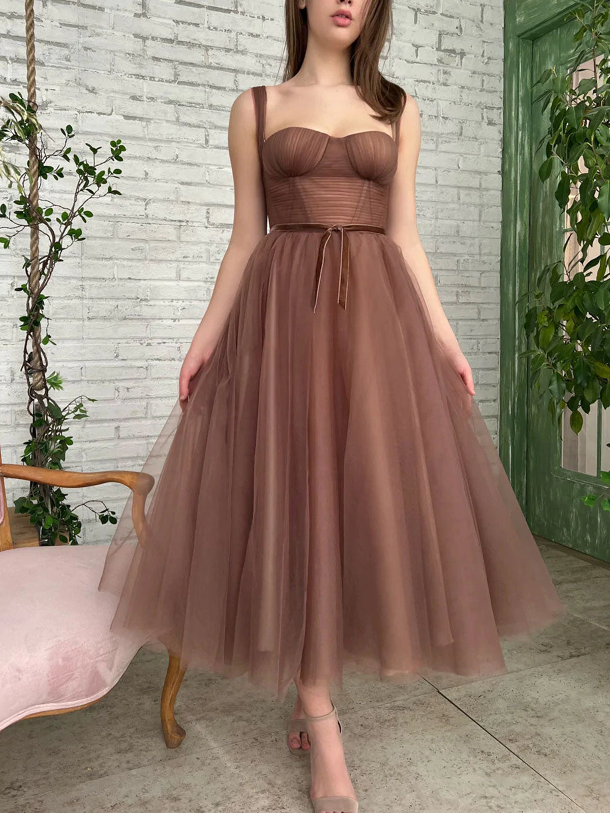 Brown Tea Length Prom Dresses, Tea Length Brown Formal Homecoming Dresses