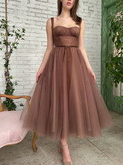 Brown Tea Length Prom Dresses, Tea Length Brown Formal Homecoming Dresses