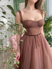 Brown Tea Length Prom Dresses, Tea Length Brown Formal Homecoming Dresses