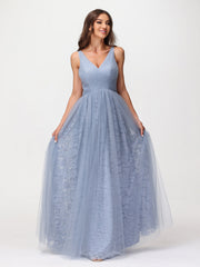 V neck Lace Lining And Tulle Dresses Dusty Blue