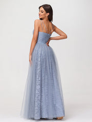 V neck Lace Lining And Tulle Dresses Dusty Blue