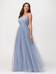 V neck Lace Lining And Tulle Dresses Dusty Blue