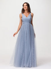 V neck Lace Lining And Tulle Dresses Dusty Blue