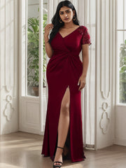 Plus Size Front Slit Short Sleeve With Sequin Mother of the Bride Dress Sexy
