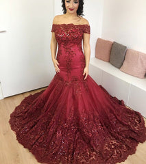 Burgundy Lace Mermaid Prom Dresses Off The Shoulder