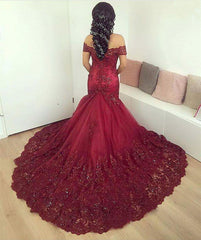 Burgundy Lace Mermaid Prom Dresses Off The Shoulder