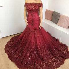 Burgundy Lace Mermaid Prom Dresses Off The Shoulder