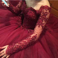 Burgundy Long Sleeves Prom Dresses Tulle Ball Gowns  Lace Appliques