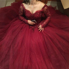 Burgundy Long Sleeves Prom Dresses Tulle Ball Gowns  Lace Appliques