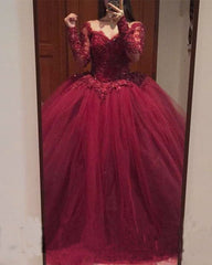 Burgundy Long Sleeves Prom Dresses Tulle Ball Gowns  Lace Appliques