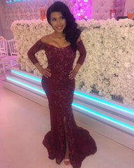 Sleeved Lace Mermaid Evening Dress Split Prom Gowns
