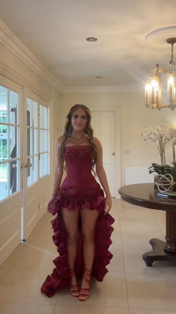 Unique High Low Strapless Burgundy Long Prom Dresses with Tassel Ruffles