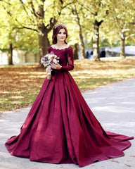 Burgundy Wedding Dress Lace Long Sleeves Ball Gown