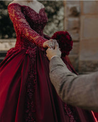 Burgundy Wedding Dresses Satin Ball Gown Lace Long Sleeves