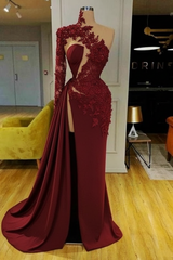 White Mermaid Evening Dress Front Split with Long Sleeves