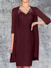 Two Piece Ruffle Chiffon Mother of the Bride Outfit Lace Short Wedding Guest Dress