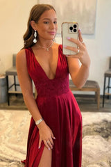Burgundy Backless V Neck Long Prom Dress with Lace