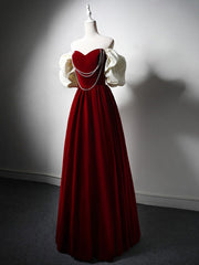 Burgundy A-Line Off Shoulder Velvet Lace Long Prom Dress, Burgundy Long Formal Dress