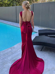 Burgundy Mermaid Straps Satin Pleated Long Prom Dress