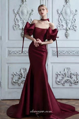 Burgundy Satin Off The Shoulder Mermaid Elegant Formal Dresses, CP0849