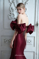 Burgundy Satin Off The Shoulder Mermaid Elegant Formal Dresses, CP0849
