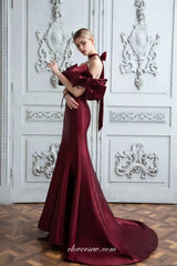 Burgundy Satin Off The Shoulder Mermaid Elegant Formal Dresses, CP0849