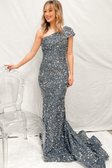 Burgundy Sequin One Shoulder Prom Dresses 2024 Mermaid Long Formal Dress