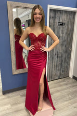 Burgundy Strapless Mermaid Appliques Long Prom Dress with Slit TP1251