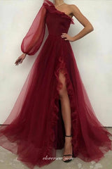 Burgundy Tulle One Shoulder A-line Ruffles Slit Prom Dresses, CP0782