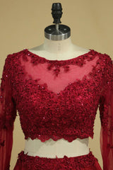 Cheap Burgundy Two-Piece Prom Dresses A Line Satin Lace Applique