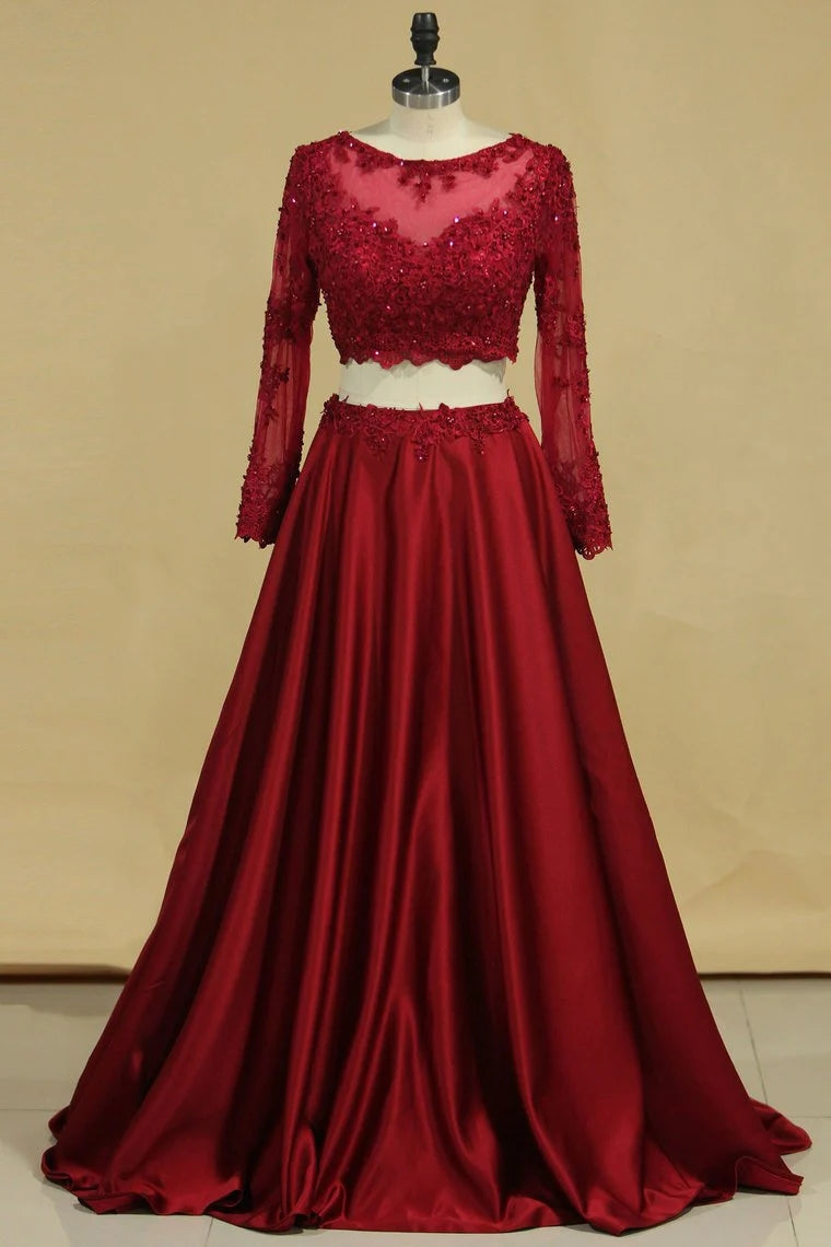 Cheap Burgundy Two-Piece Prom Dresses A Line Satin Lace Applique