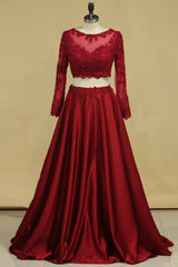 Cheap Burgundy Two-Piece Prom Dresses A Line Satin Lace Applique