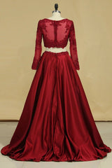 Cheap Burgundy Two-Piece Prom Dresses A Line Satin Lace Applique