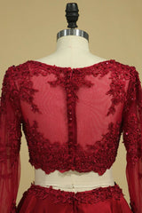 Cheap Burgundy Two-Piece Prom Dresses A Line Satin Lace Applique