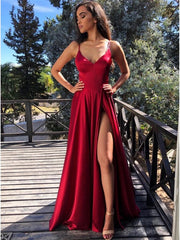 Burgundy V Neck Long Prom Dresses, Wine Red V Neck Long Formal Graduation Dresses