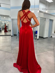 Burgundy V Neck Velvet Long Prom Dresses with Cross Back, Wine Red Velvet Long Formal Evening Dresses