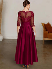 A-Line Chrismas Dress Mother of the Bride Dress Formal Wedding Guest Elegant High Low Bateau Neck Asymmetrical Satin Lace 3/4 Length Sleeve with