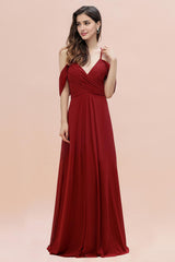 Dark Red Spaghetti Strap Sweetheart A-Line Off the Shoulder Bridesmaid Gown with Ruffles