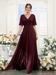 A-Line V Neck Sleeve Long Chiffon Formal Party Dresses for Wedding Guest Bridesmaid Dress