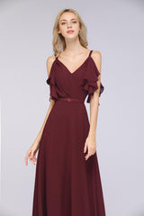 A-Line V-Neck Straps Sleeveless Ruffles Floor-Length Bridesmaid Dress with