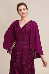 V Neck Beaded Batwing Sleeves Mother of the Bride Dress