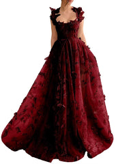 Long Tulle Prom Dress with 3D Butterflies Floor Length Formal Evening Party Gowns for Women Lace Applique
