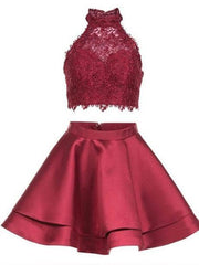Custom Made A Line 2 Pieces Halter Neck Short Lace Light Blue/Burgundy/Dark Blue/Pink Prom Dresses, 2 Pieces Homecoming Dresses, Lace Formal Dresses, Graduation Dresses